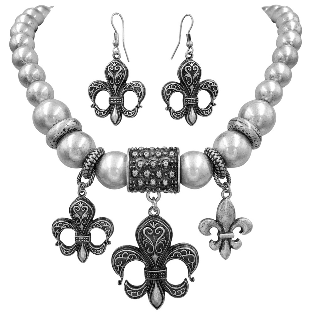 Chunky 3 Fleur De Lis Statement Necklace Earrings Set